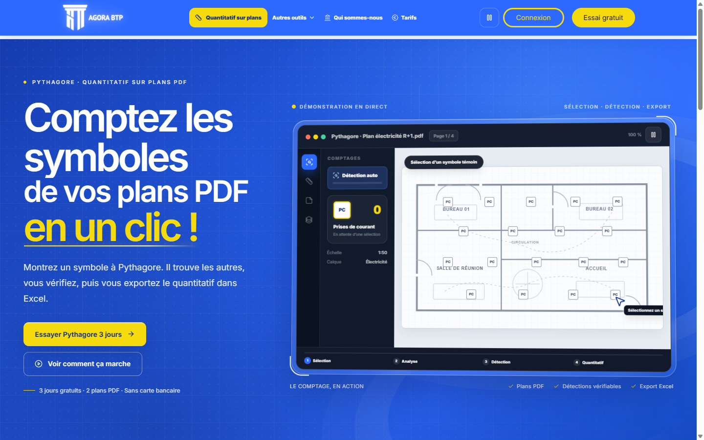 Accueil de la plateforme AGORA BTP avec un outil de comptage sur plan PDF